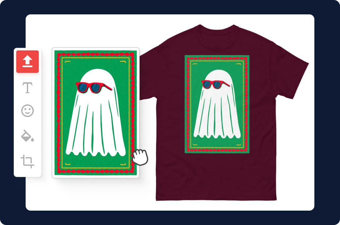 a red and green shirt with a white ghost with sunglasses on it