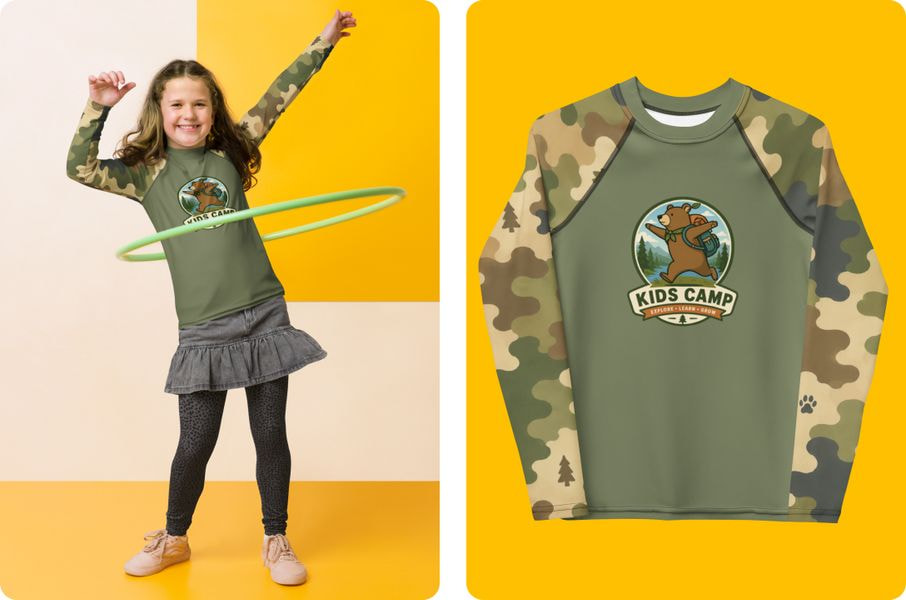 Young girl hula-hooping while wearing a custom kids’ rash guard with camouflage sleeves and a camp-themed bear graphic, shown alongside a flat product mockup of the same design.