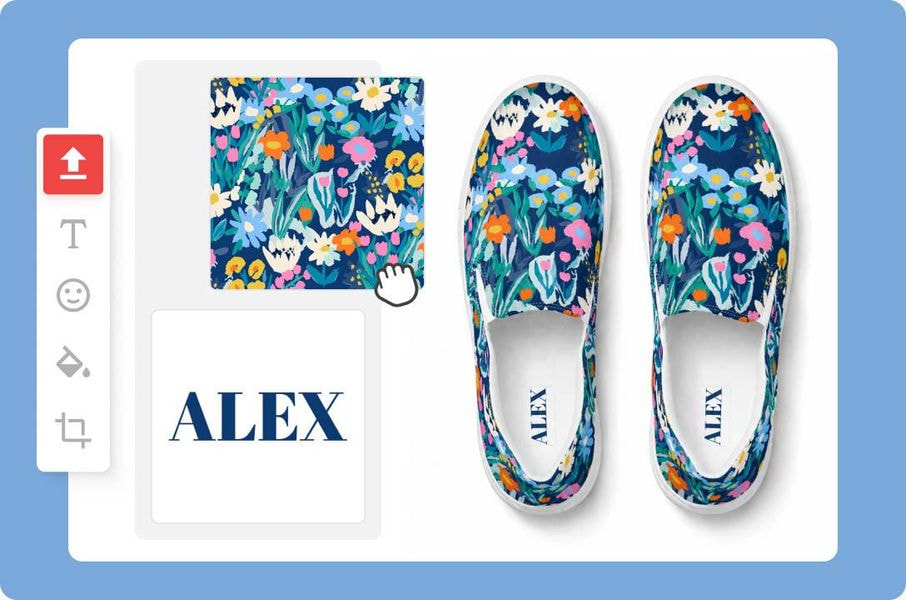 Floral-pattern slip-on shoes with a personalized name printed on the insoles, displayed next to the matching artwork design.