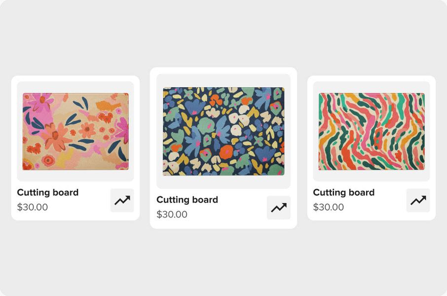 Three product listing cards showing patterned cutting boards with price displayed.