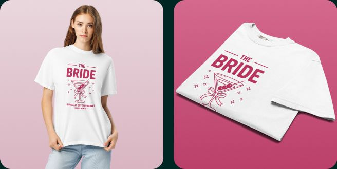 Young woman wearing a white T-shirt featuring a pink bridal celebration design with the text “The Bride” and “Officially Off the Market.” Additional panels show a close-up of the artwork and a folded shirt product display.