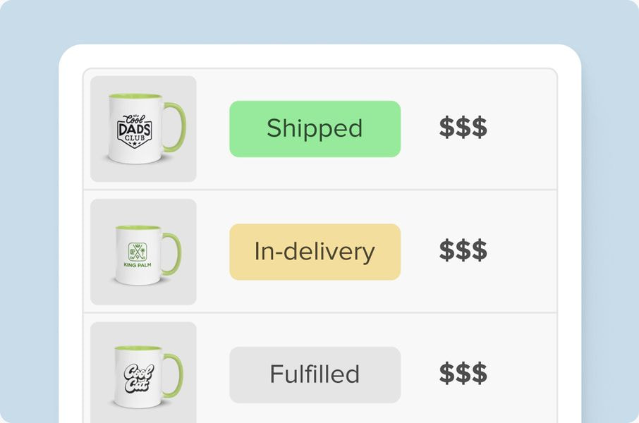Print-on-demand order status dashboard showing shipped, in-delivery, and fulfilled orders.