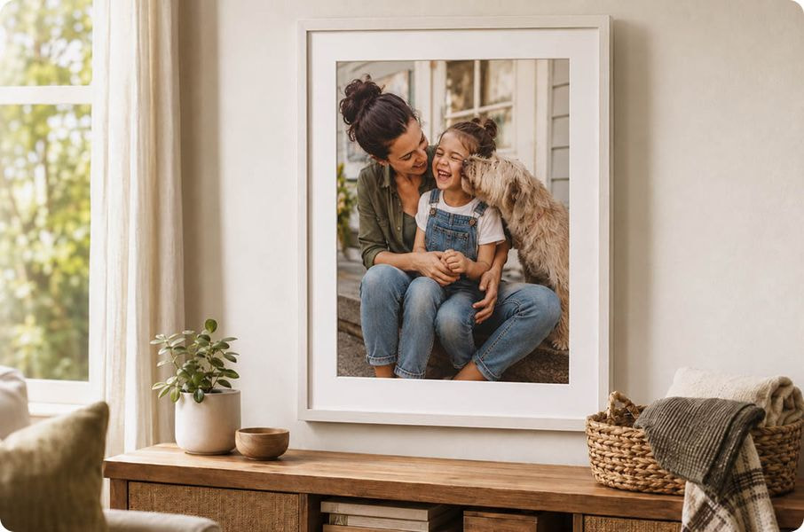 a woman and child in a frame on a wall