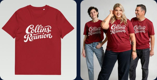 family wearing same red shirt with white "Collins Reunion" print