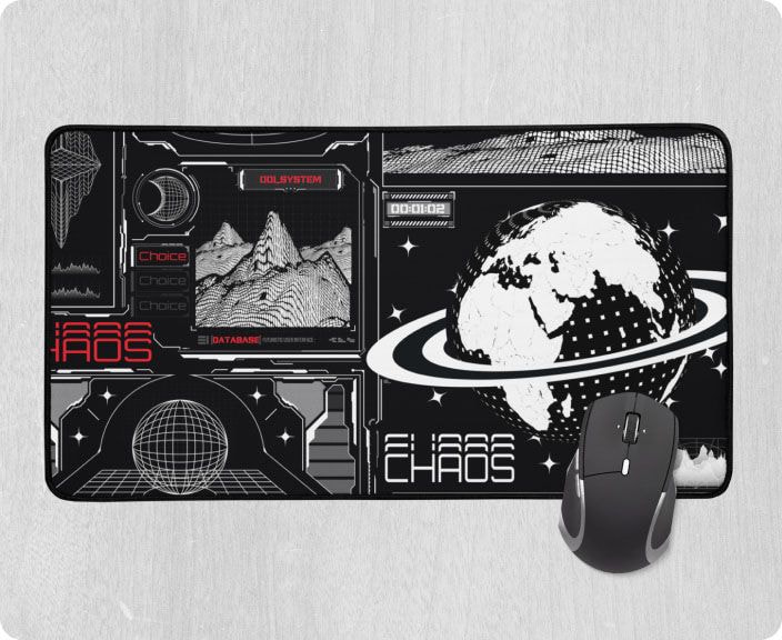 Extended gaming mouse pad with a futuristic black and white sci-fi design, featuring a planet and digital interface graphics.