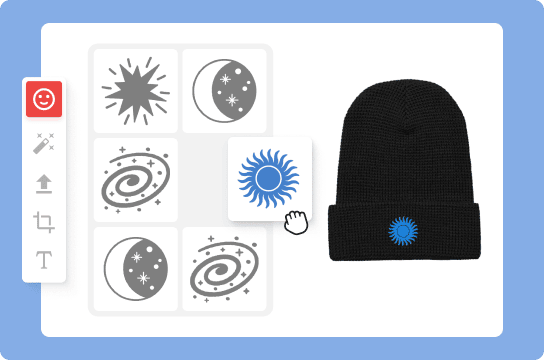 An online design editor for custom beanies showing a black cuffed beanie mockup with a library of celestial icons, including stars, moons, and suns for personalization.