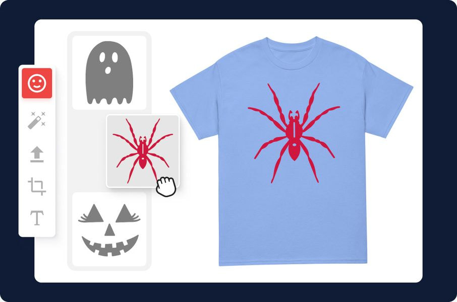 a blue shirt with a spider on it