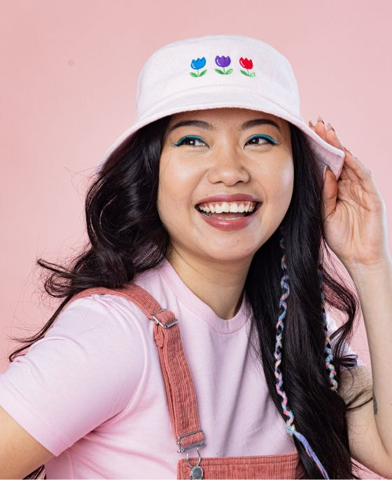 pink bucket hat with embroidery