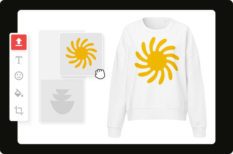 A graphic representation of a design customization interface for a glass. A cursor is selecting a pink and green 'Matcha' themed design swatch to be applied to the clear, can-shaped glass shown on the right.