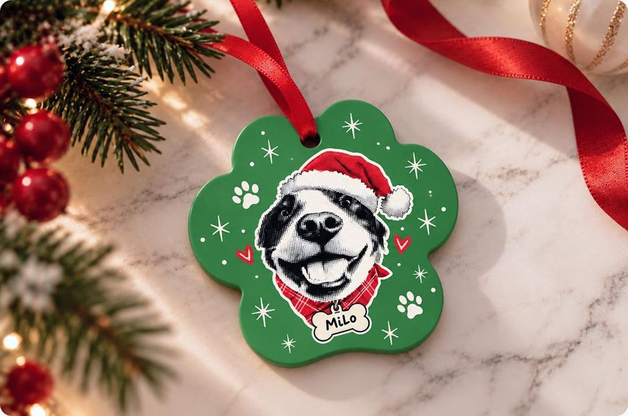 a green christmas ornament with a dog on it