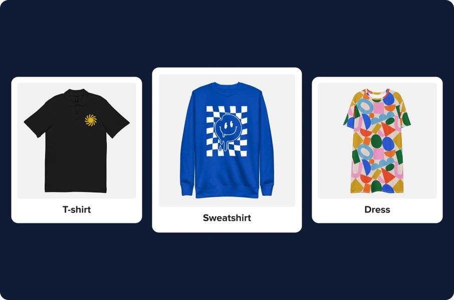 Print-on-demand product selection featuring a t-shirt, sweatshirt, and dress mockups.