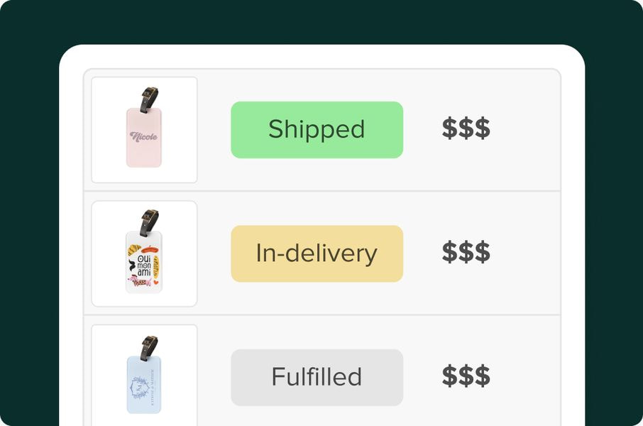 Mockup of an order tracking dashboard displaying custom luggage tag orders with fulfillment, shipping, and delivery statuses.