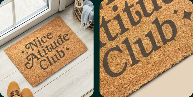 Custom coir doormat featuring a decorative “Nice Attitude Club” design, shown at an entryway alongside close-up views of the printed texture and durable non-slip backing.