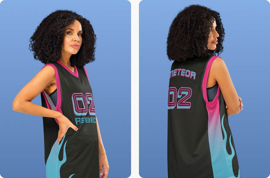 a woman wearing a basketball jersey