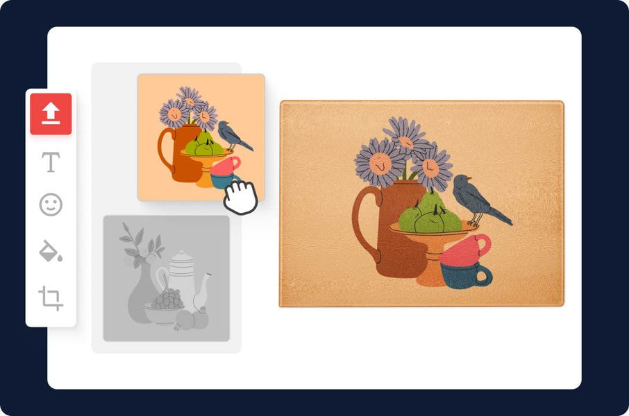 Design tool interface where a user selects artwork to apply to a cutting board product.