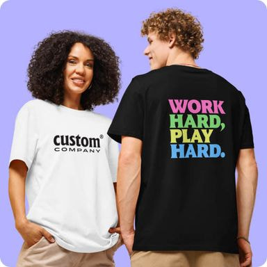 a man and woman wearing t-shirts