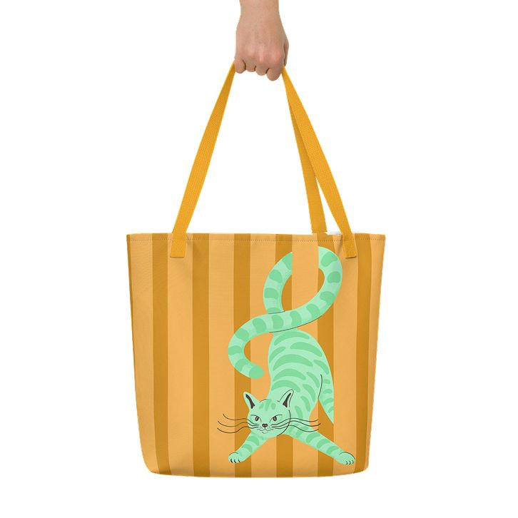All-over print large tote bag in yellow stripes with a green cat