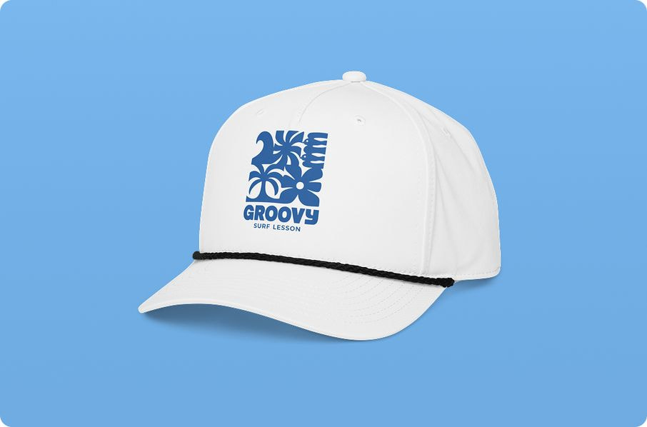 Close-up of a white rope-front snapback hat featuring a blue 