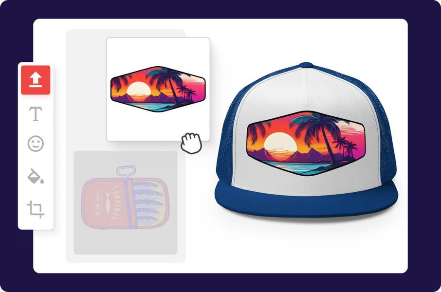 a hat with a picture of a sunset and a bag