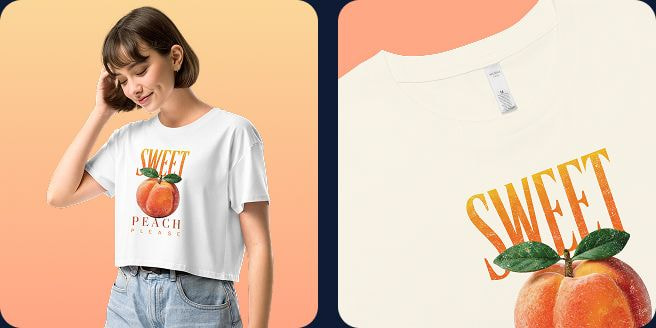 Woman wearing white custom crop top with “Sweet Peach Please” graphic design.