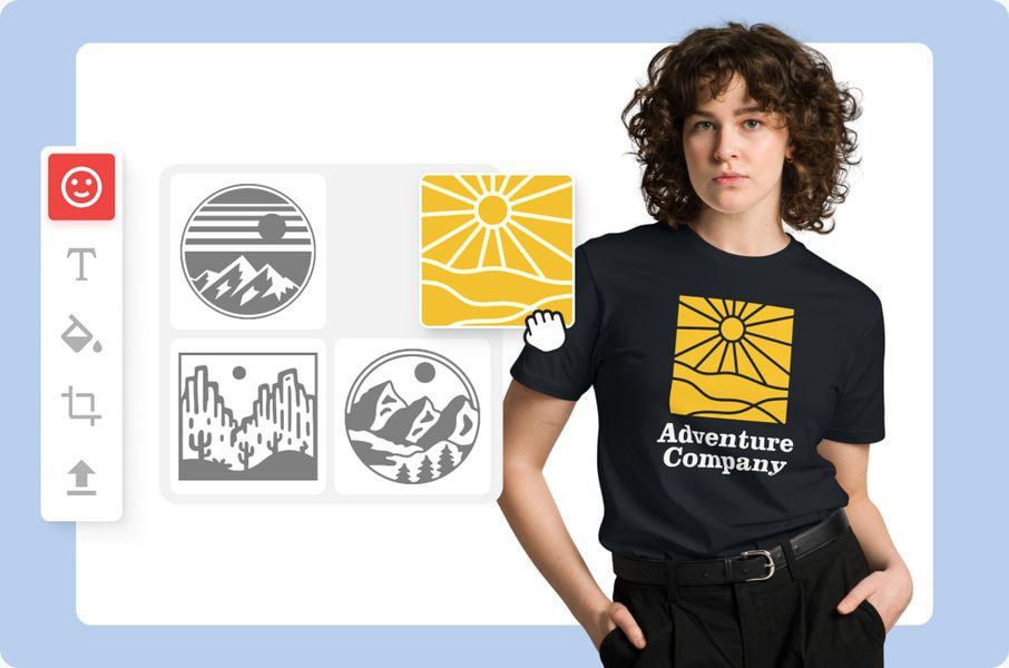 a woman with curly hair wearing a black shirt with yellow sun and mountains