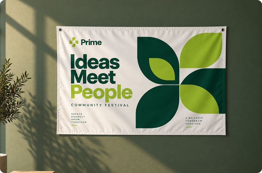 a white banner with green and white text on it