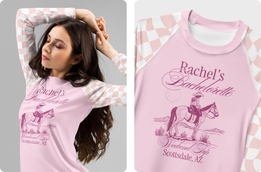 Woman modeling a pink custom rash guard with checkered sleeves and a western-inspired bachelorette party design, accompanied by a close-up of the personalized artwork.