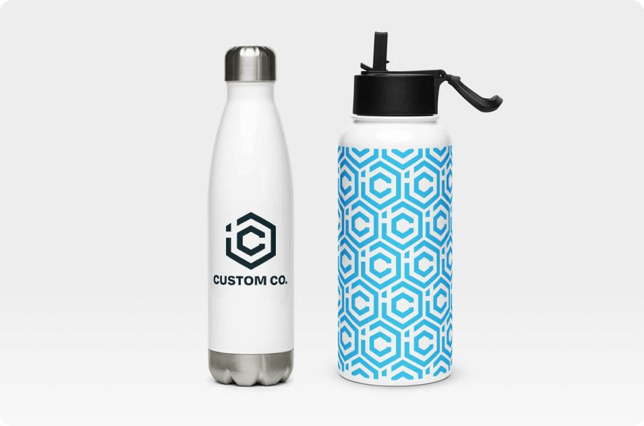 a white water bottle next to a white bottle