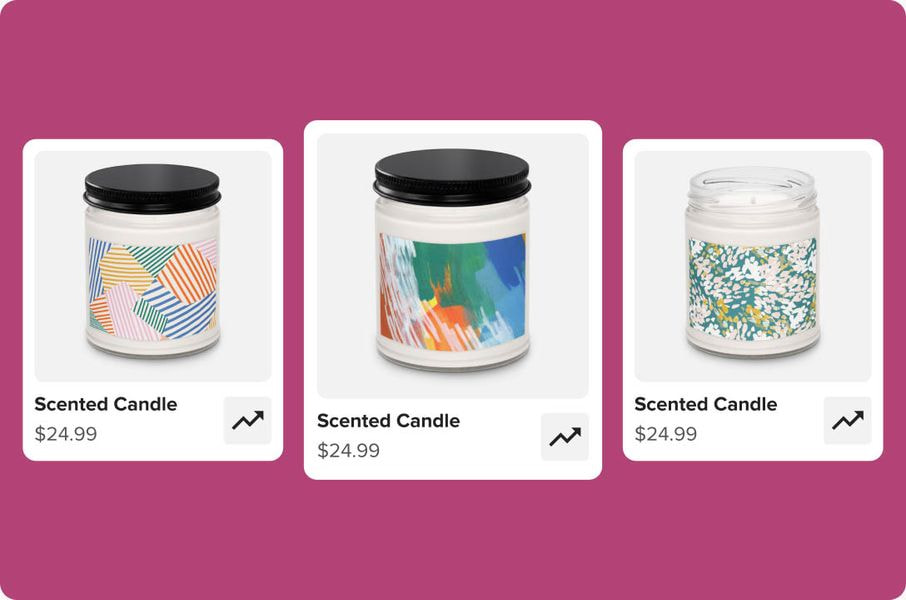 Custom scented candles with colorful label designs.