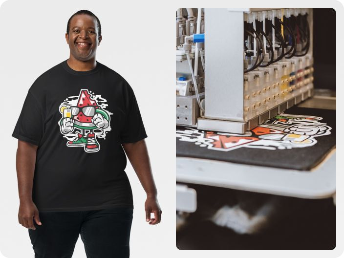 Direct-to-garment printed t-shirt with colorful graphic and DTG printing machine in action.