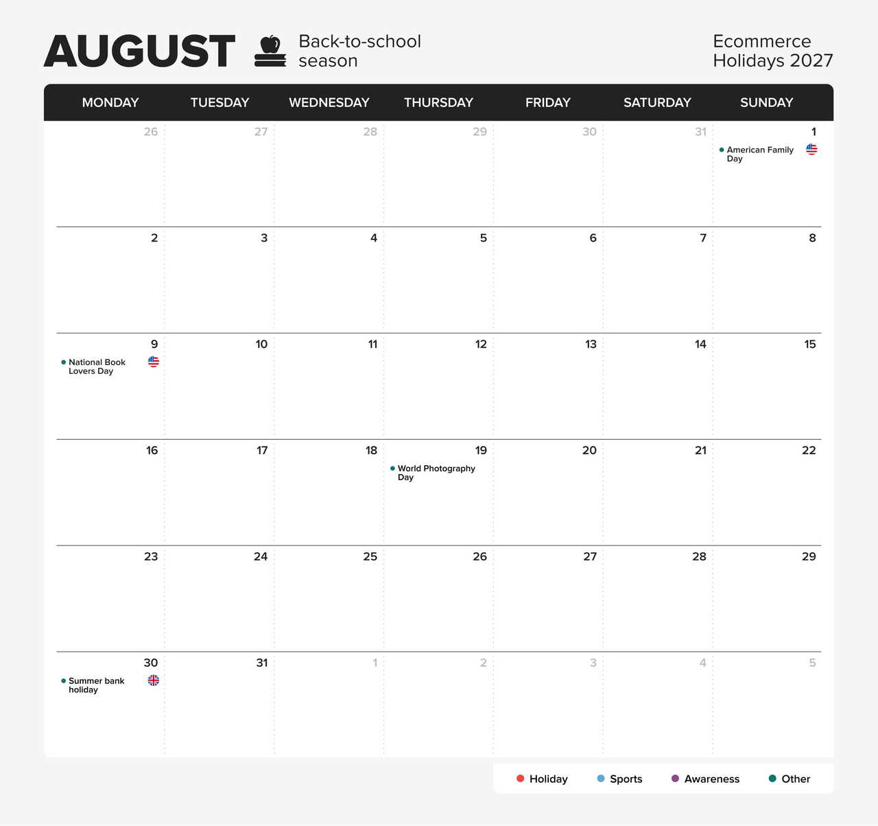 eCommerce holiday calendar 2027 - August.