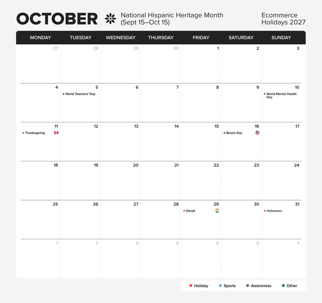 Commerce holiday calendar 2027 - October.