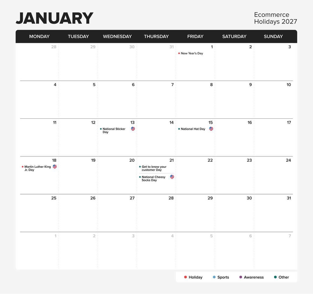 eCommerce holiday calendar 2027 - January.