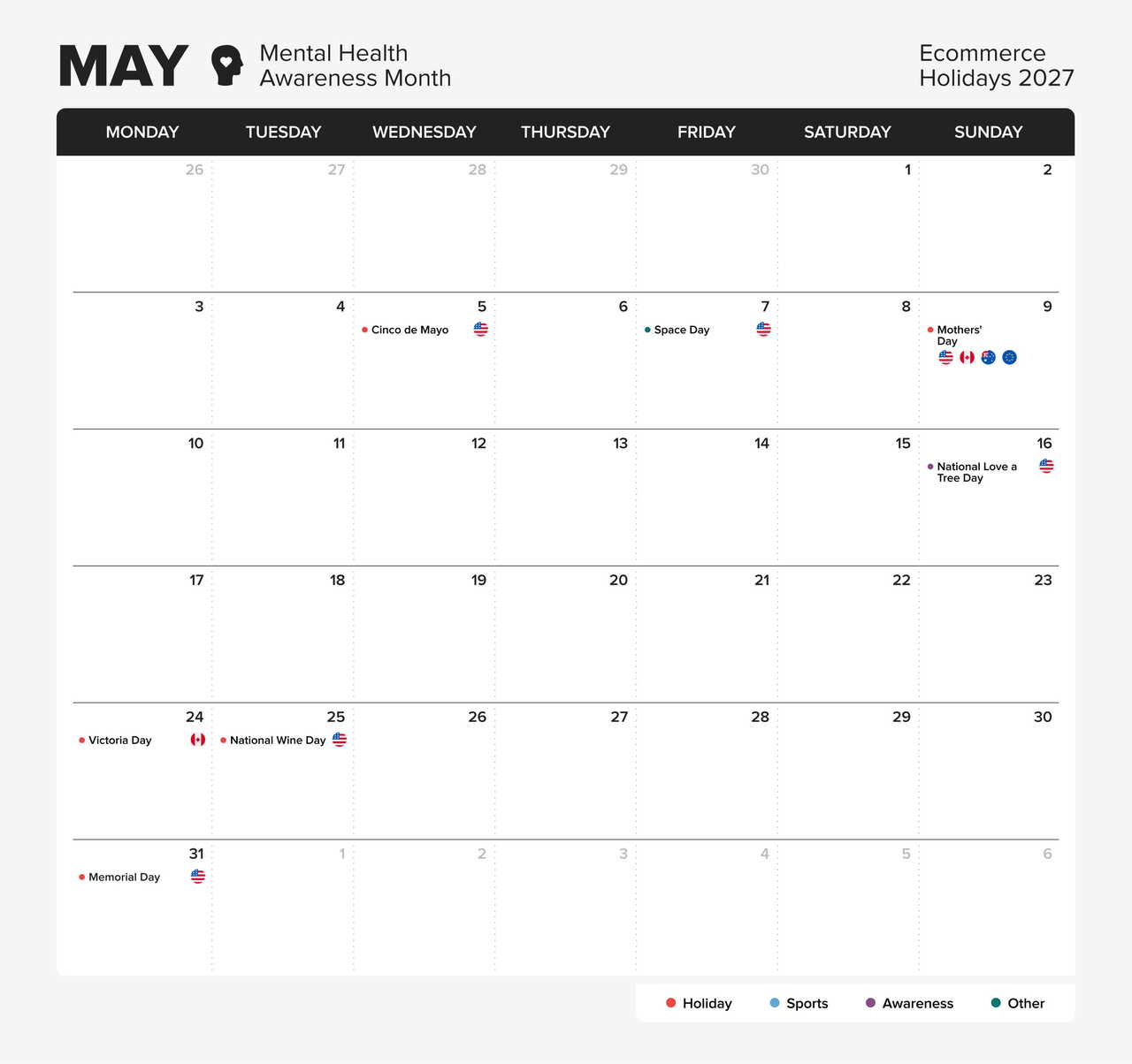 eCommerce holiday calendar 2027 - May.