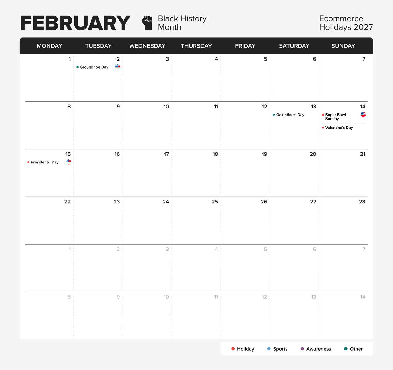 eCommerce holiday calendar 2027 - February.