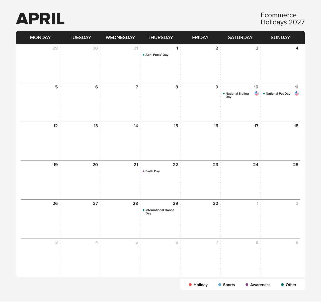 eCommerce holiday calendar 2027 - April.