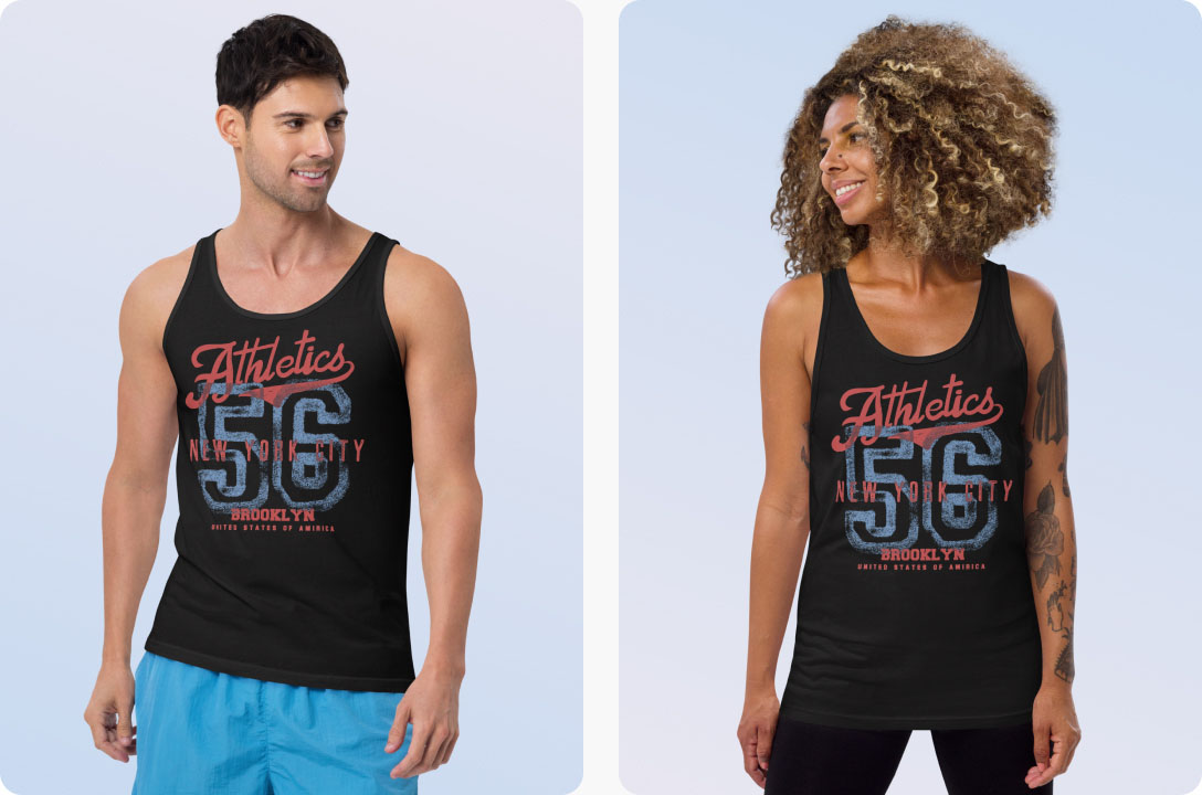 custom tank's flatlay and a mockup image with a woman wearing the shirt