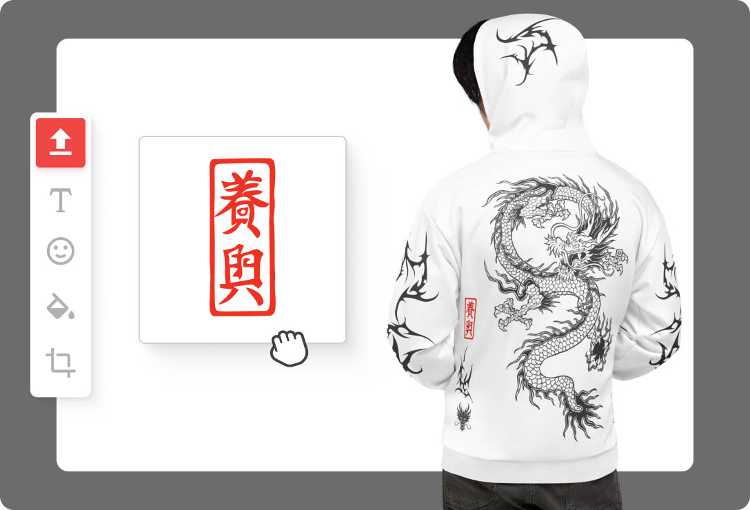 a person wearing a white hoodie with a dragon on it