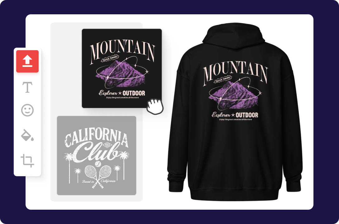 a black sweatshirt with purple mountains and white text