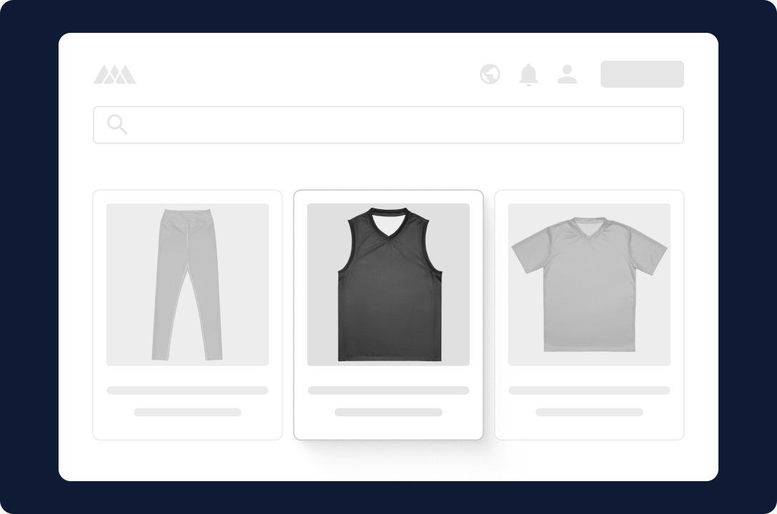 E-commerce product catalog interface showing a selection of blank sportswear for customization