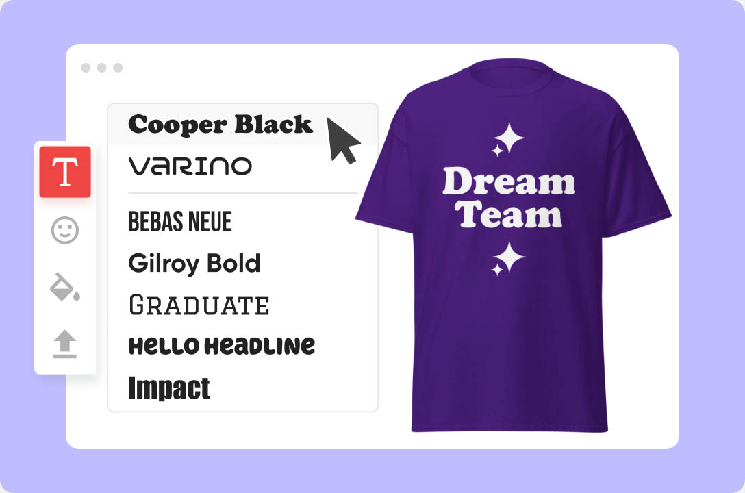 a purple shirt with white text