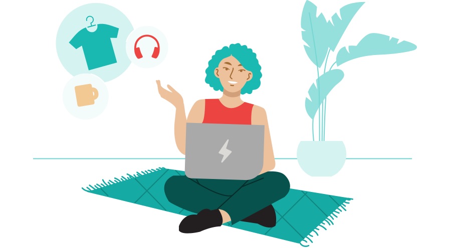 Illustration einer Frau auf einem Teppich mit einem Laptop im Schoß, die online Produkte verkauft