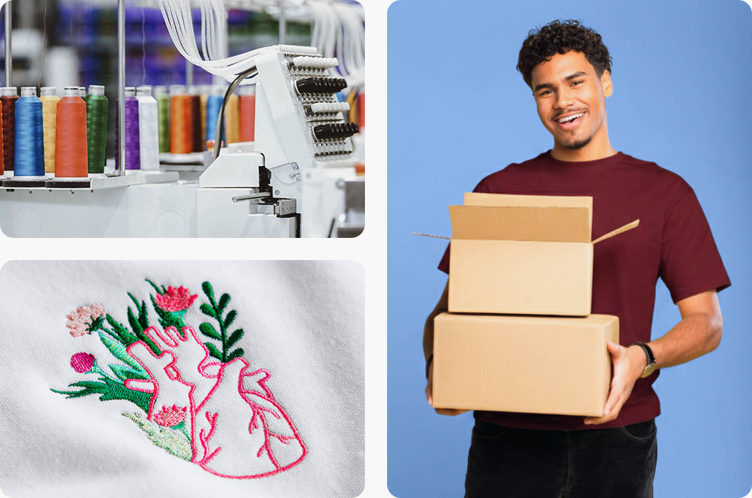 a man holding boxes and embroidery machine
