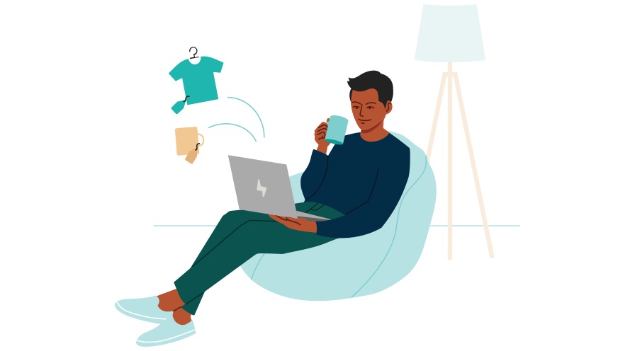 Illustration eines Mannes in einem Sitzsack, der online Produkte kauft und eine Tasse in der Hand hält