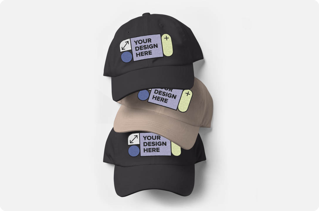 a stack of hats with text on them